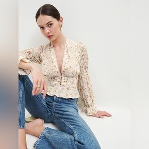 Reformation NWT Meadowlark Floral Lace Trim Long Sleeve Blouse, Size 8